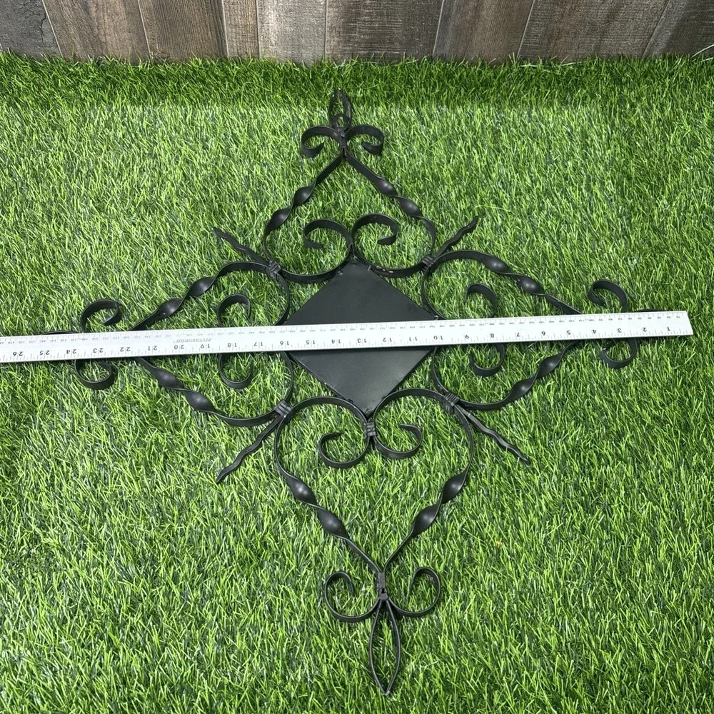 Large Wrought Iron Wall Decor Black Metal Scroll Carved Wood Medallion Hanging